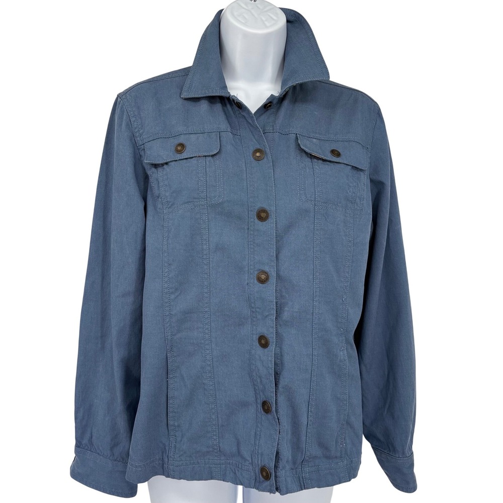 Amber Sun Jacket Women M Blue Tencel Cotton Floral Trim Snap Front Chore Utility